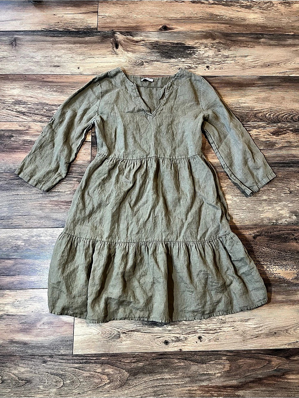 Bellambra Italy Green Tiered Linen Dress Babydoll Women’s S Knee Length